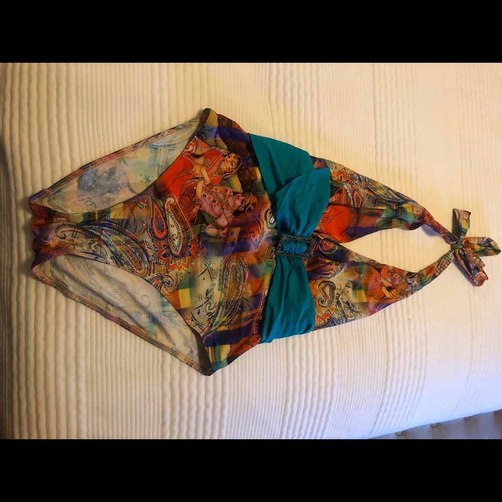 Rainbow romantic Indian print bathing suit.